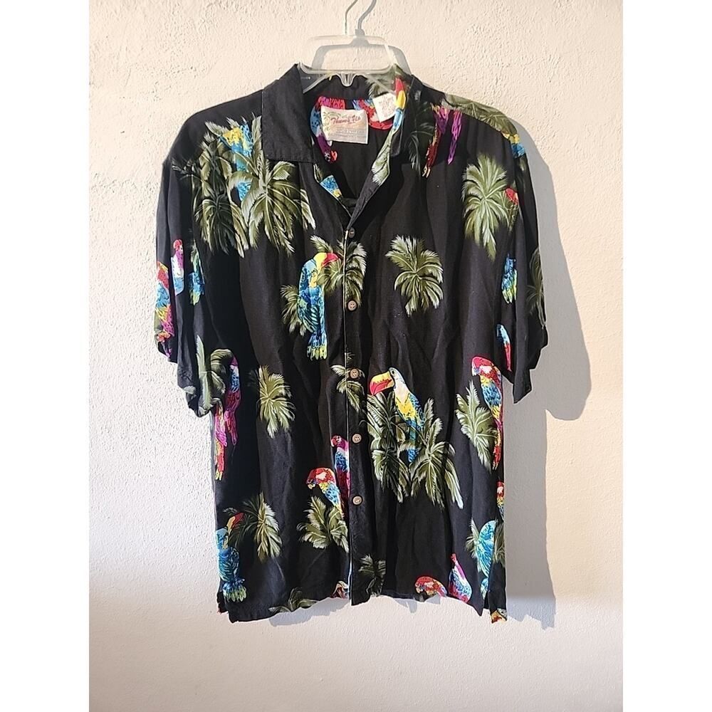 L Thumbs Up Tropical Shirt Vtg Hawaii Shirt Rayon Bird Aloha Hawaiian Thailand